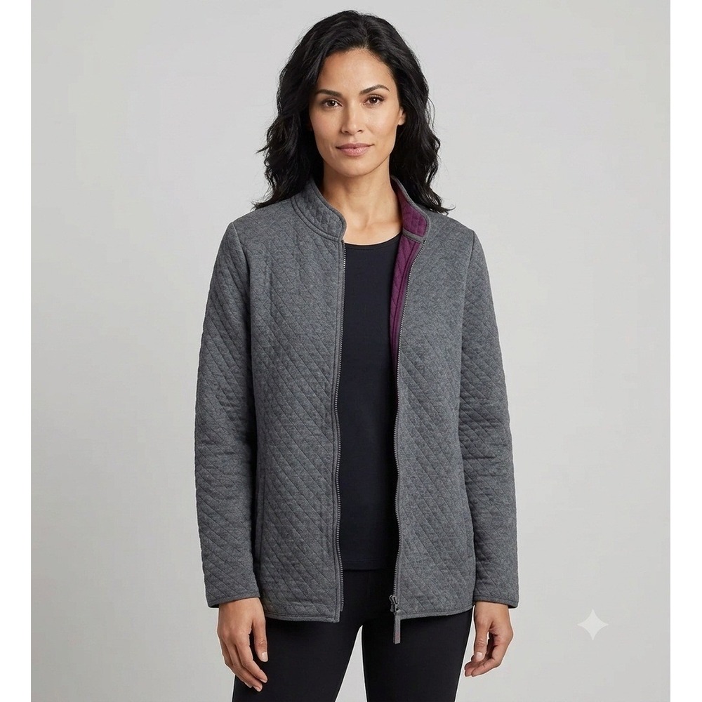 Talbots T by Talbots Gray Quilted Full Zip Mock Neck Jacket Purple Lining Womens